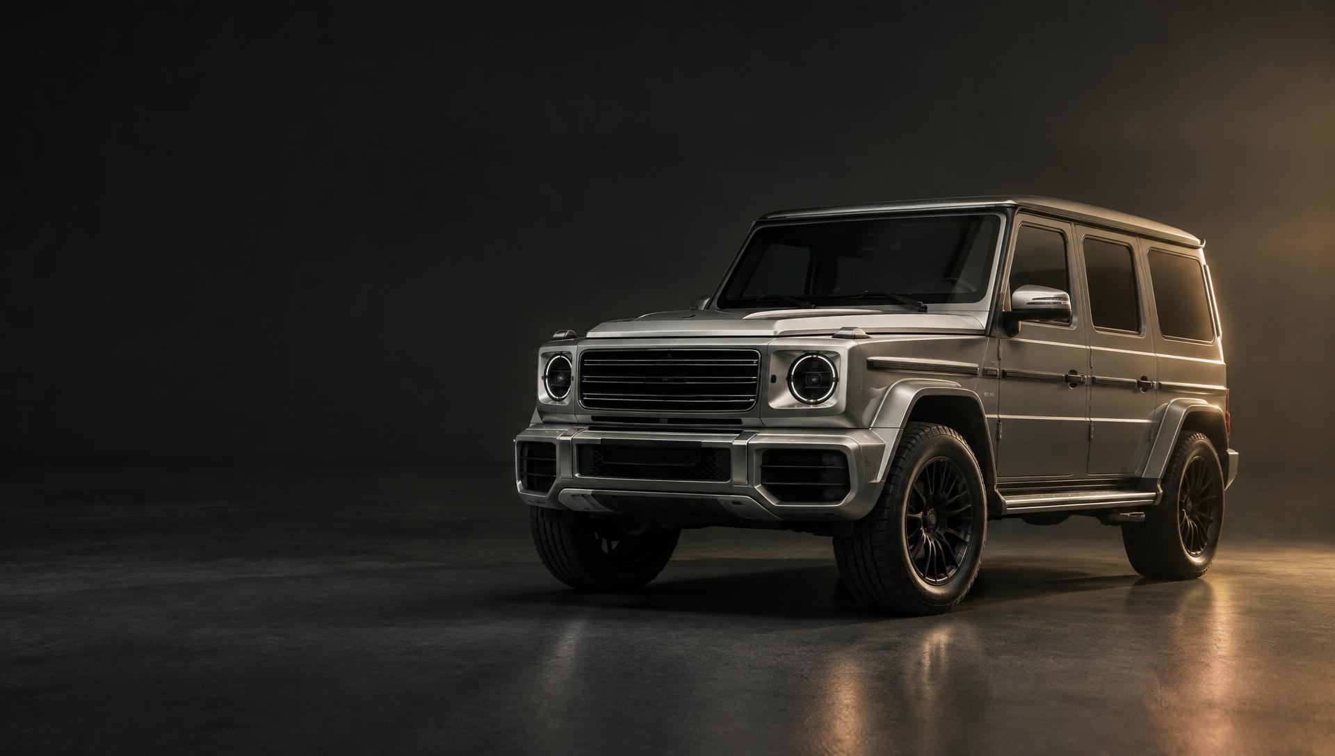 Silver luxury off-road SUV in a graphite studio — illustrative